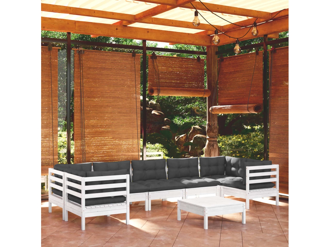 Vidaxl 8 Pcs Conjunto Lounge De Jardim C/ Almofadões Pinho Branco