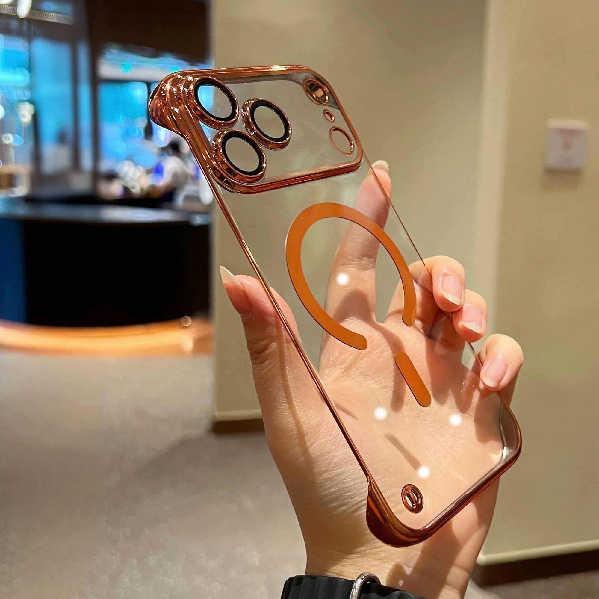 (laranja, Iphone 13 Pro Max) Capa Ultrafina Sem Moldura Em Policarbonato Eletrogalvanizado, Compatível Com Carregamento Sem Fio Magsafe.