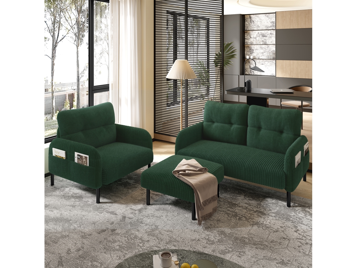 Sofá De 3 Peças Pufe Sofá De 2 Lugares Estrutura Em Aço Com Bolso Lateral, Encosto Extra Macio Verde Esmeralda Estilo