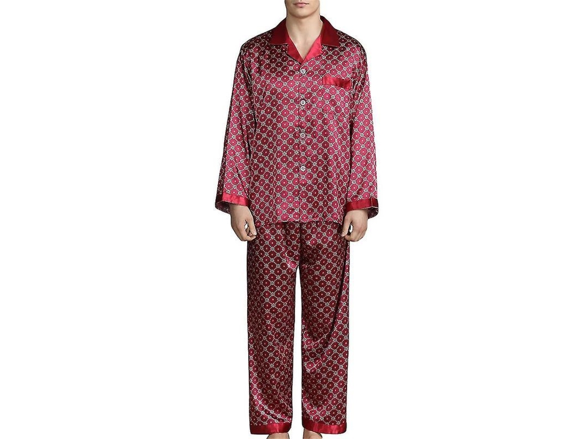 Conjunto de pijama masculino 2026 em seda macia, manga comprida, com camisa e calça com elástico na cintura.
