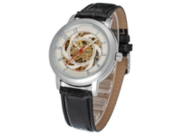 Relógio Mecânico Automático Masculino de Pulso Oco com Pulseira de Couro Pu Branco