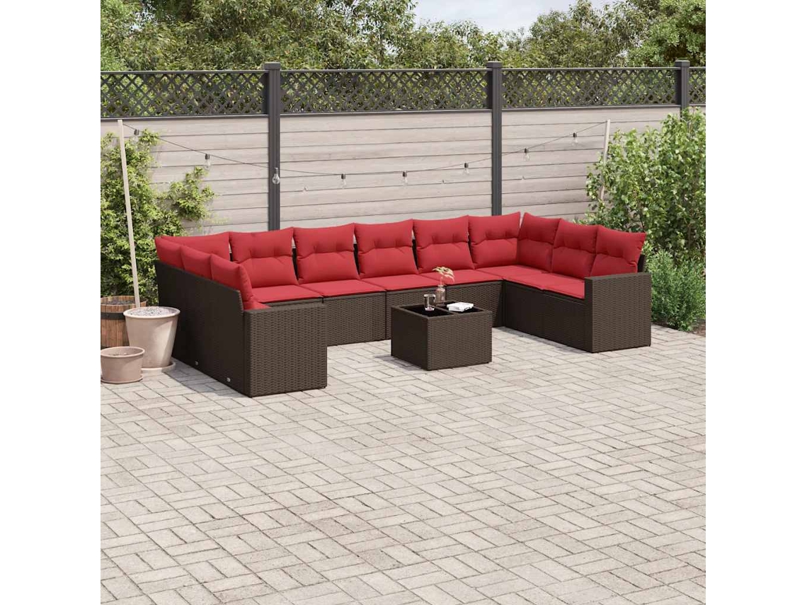 Vidaxl 11 Pcs Conjunto Sofás De Jardim C/ Almofadões Vime Pe Castanho