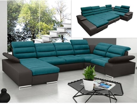 Sofá Cama Boileau VENTE-UNIQUE (Cinza Antracite e Azul Turquesa - Pele sintética - 362x217x100 cm/Dimensões da cama: 120 – 139 cm)