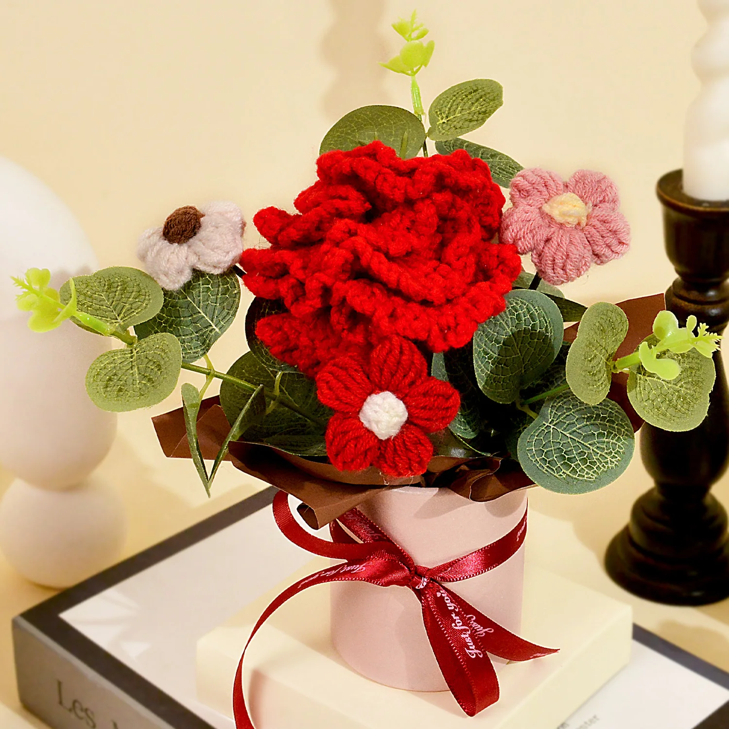 (vermelho) Buquê De Flores De Crochê Feito À Mão, Buquê De Cravos Em Tecido Tricotado Em Crochê - Decoração Para Casa E Presentes