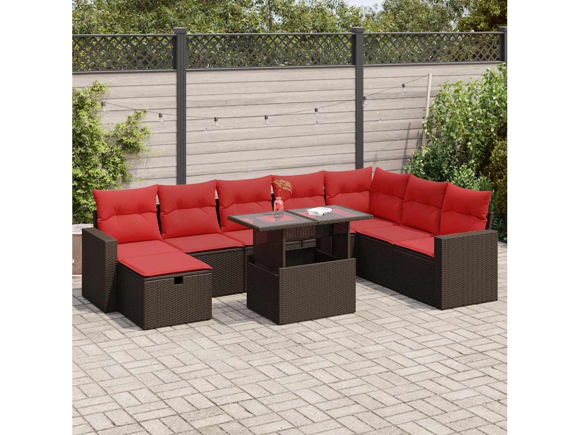 Vidaxl 9 Pcs Conjunto Sofás P/ Jardim Almofadões Vime Pe/acácia Castanho