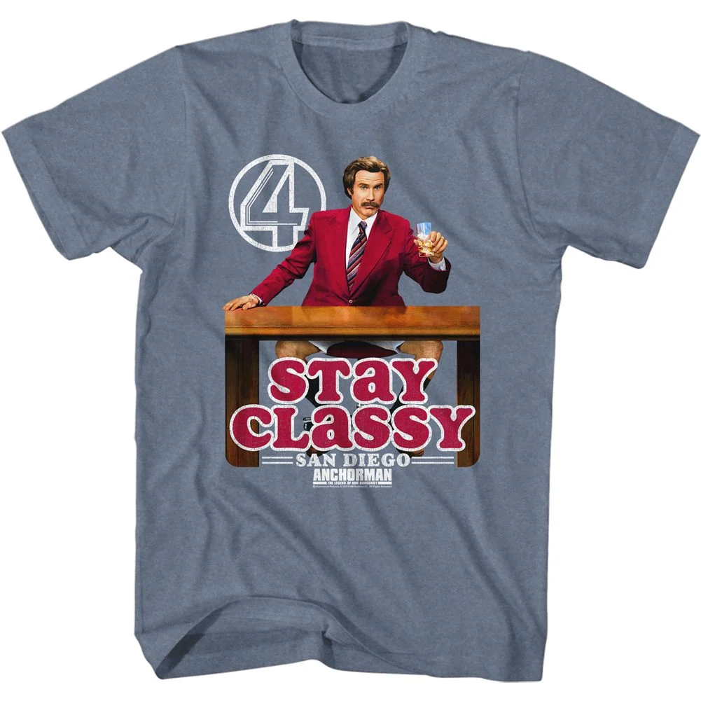 Rockinstone Anchorman Movie Stay Classy Logo Heather Indigo Adult T-shirt Size:s