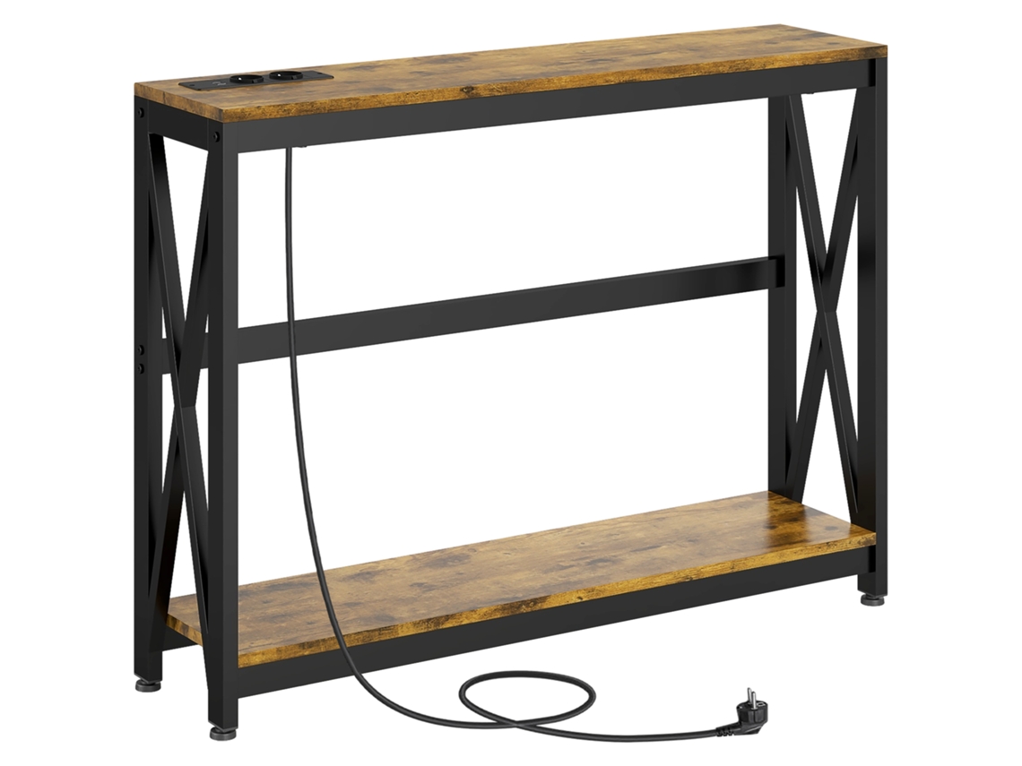 Mesa Console Industrial 2 níveis com tomadas e USB 100x24x75cm marrom BTFORUS