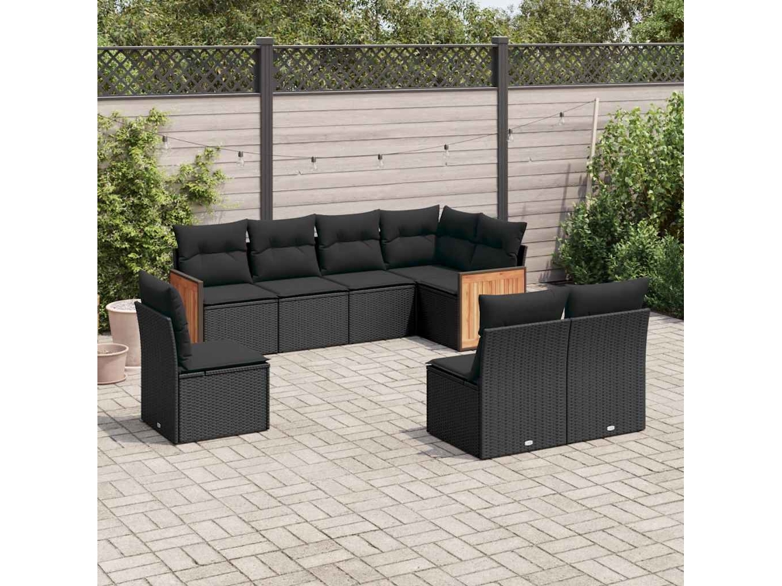 Vidaxl 8 Pcs Conjunto Sofás De Jardim Com Almofadões Vime Pe Preto