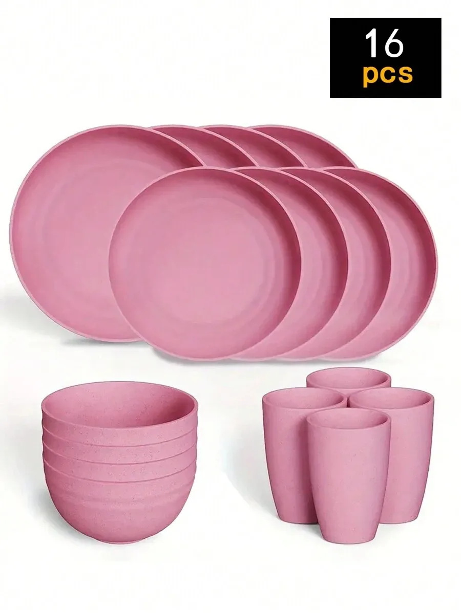 Conjunto De Talheres Reutilizáveis De Plástico (16 Peças Rosa), Incluindo Pratos, Tigelas E Copos.