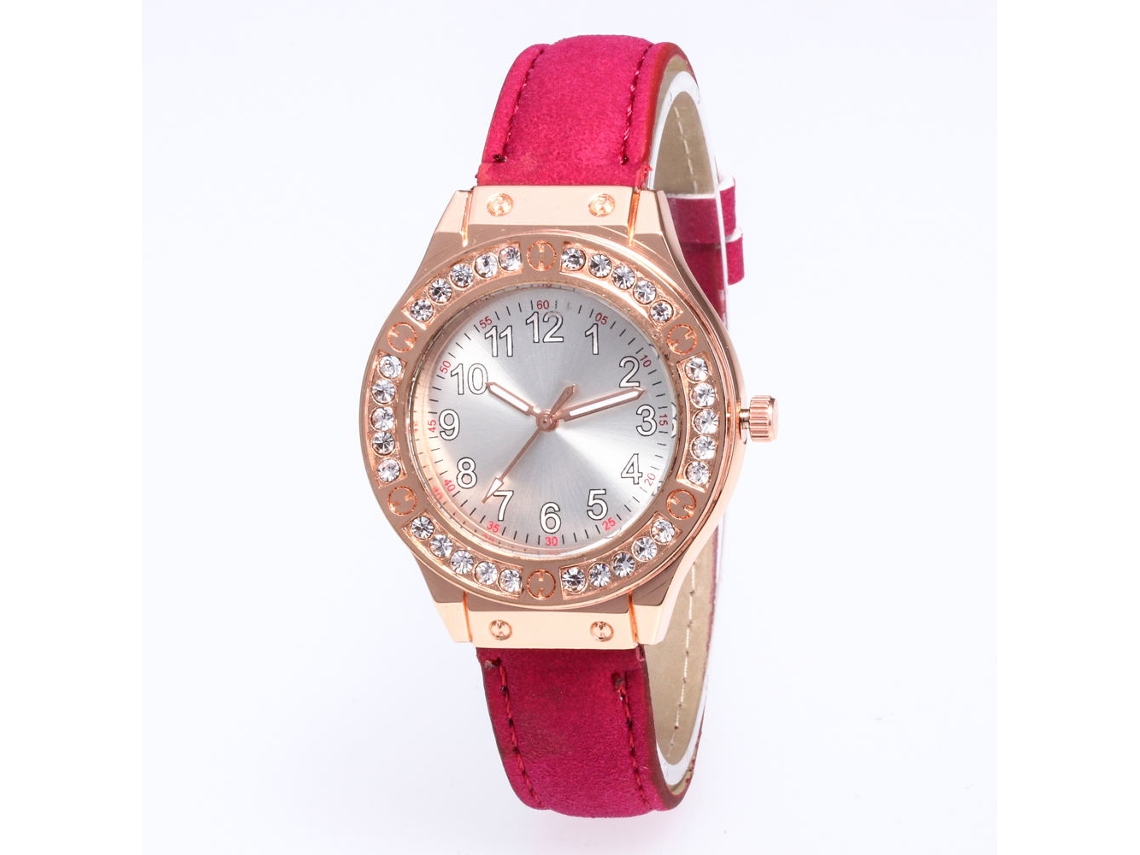 Reloj Mujer De Cuarzo Con Correa De Cuero Pu Y Diamantes Modelo Redondo (rojo Rosa)