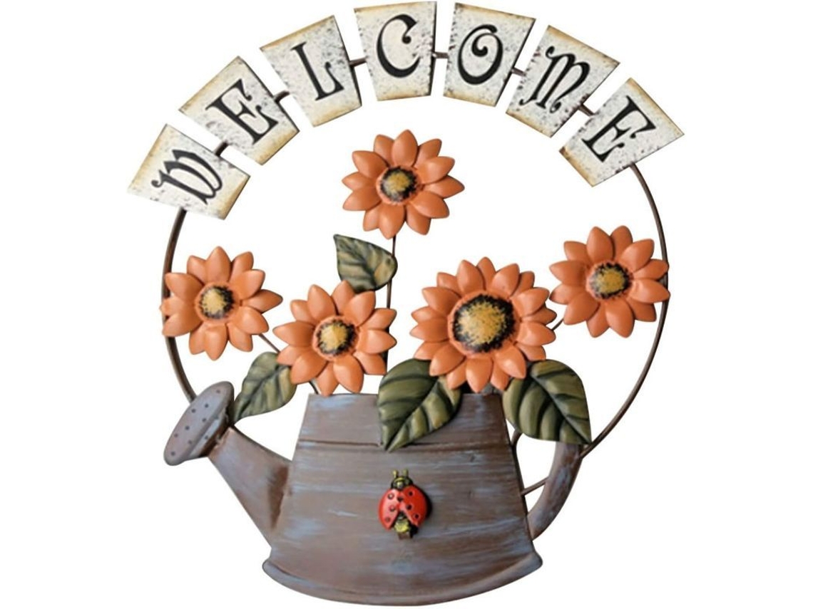 Cartel De Bienvenida De Metal Con Diseño De Girasol Y Regadera Para Puerta Principal