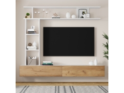 Conjunto Painel Tv 180×35×22,5cm, Parede/chão, Até 80 Polegadas, Branco+madeira.