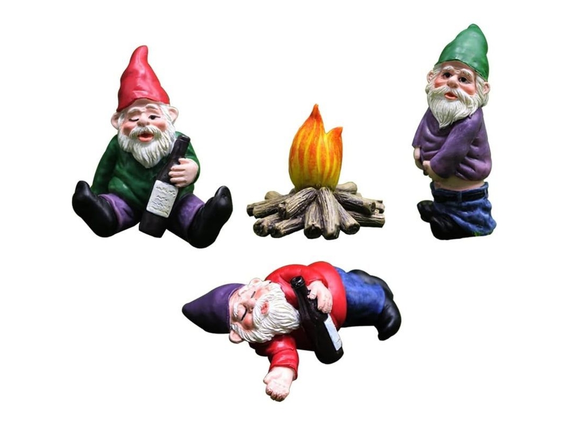 Conjunto de 4 Duendes de Jardim Nova Line Miniatura para Decoração Exterior e Micro Paisagens