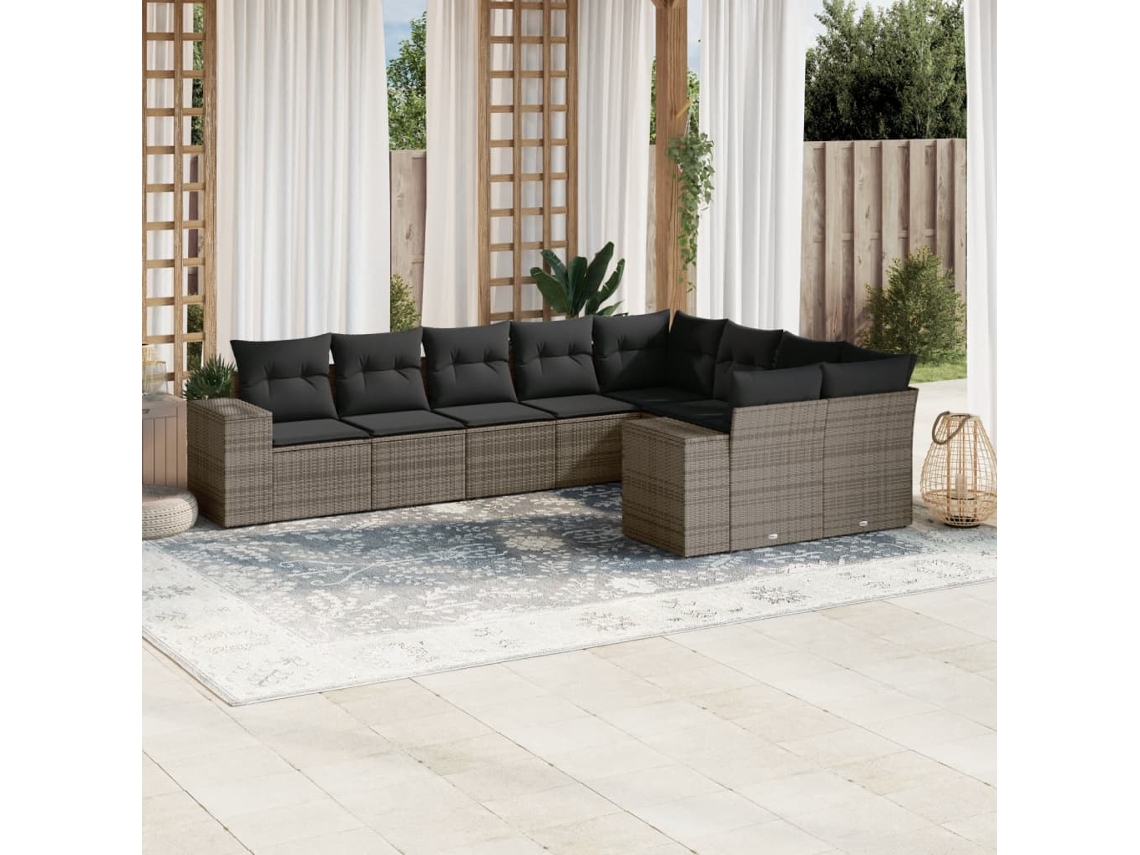 Vidaxl 9 Pcs Conjunto Sofás P/ Jardim Com Almofadões Vime Pe Cinzento