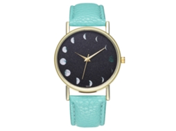 Relógio de quartzo com pulseira de couro PU, design moderno e simples, unissex, com estampa de lua (verde menta).