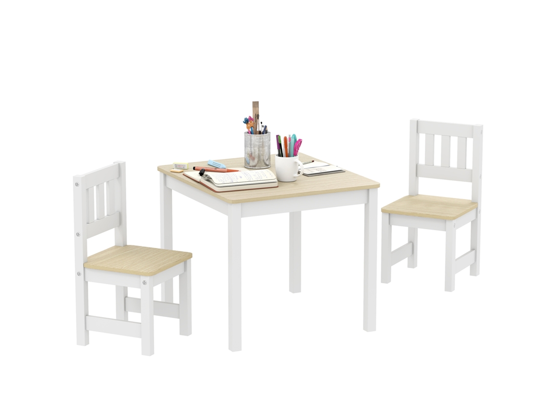 Conjunto Mesa E Duas Cadeiras Infantil Em Madeira Para Desenho, Brincadeira E Estudo 56x52x48cm Tom Madeira Natural