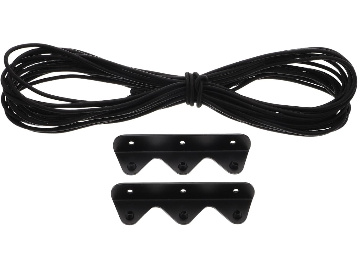 Corda de segurança elástica Preta com suporte em aço inoxidável para prateleiras.