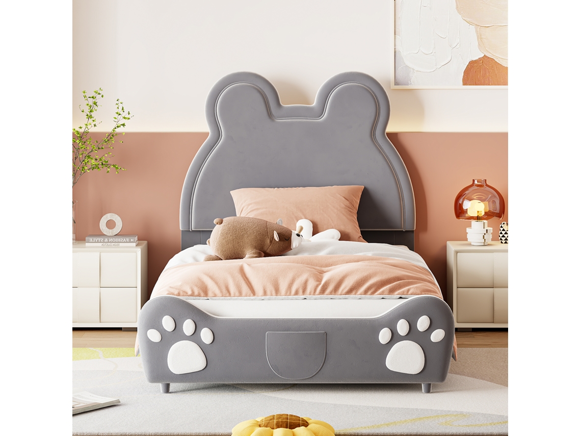 Cama Ursinho 90x200cm Veludo Suave Cinza Criança