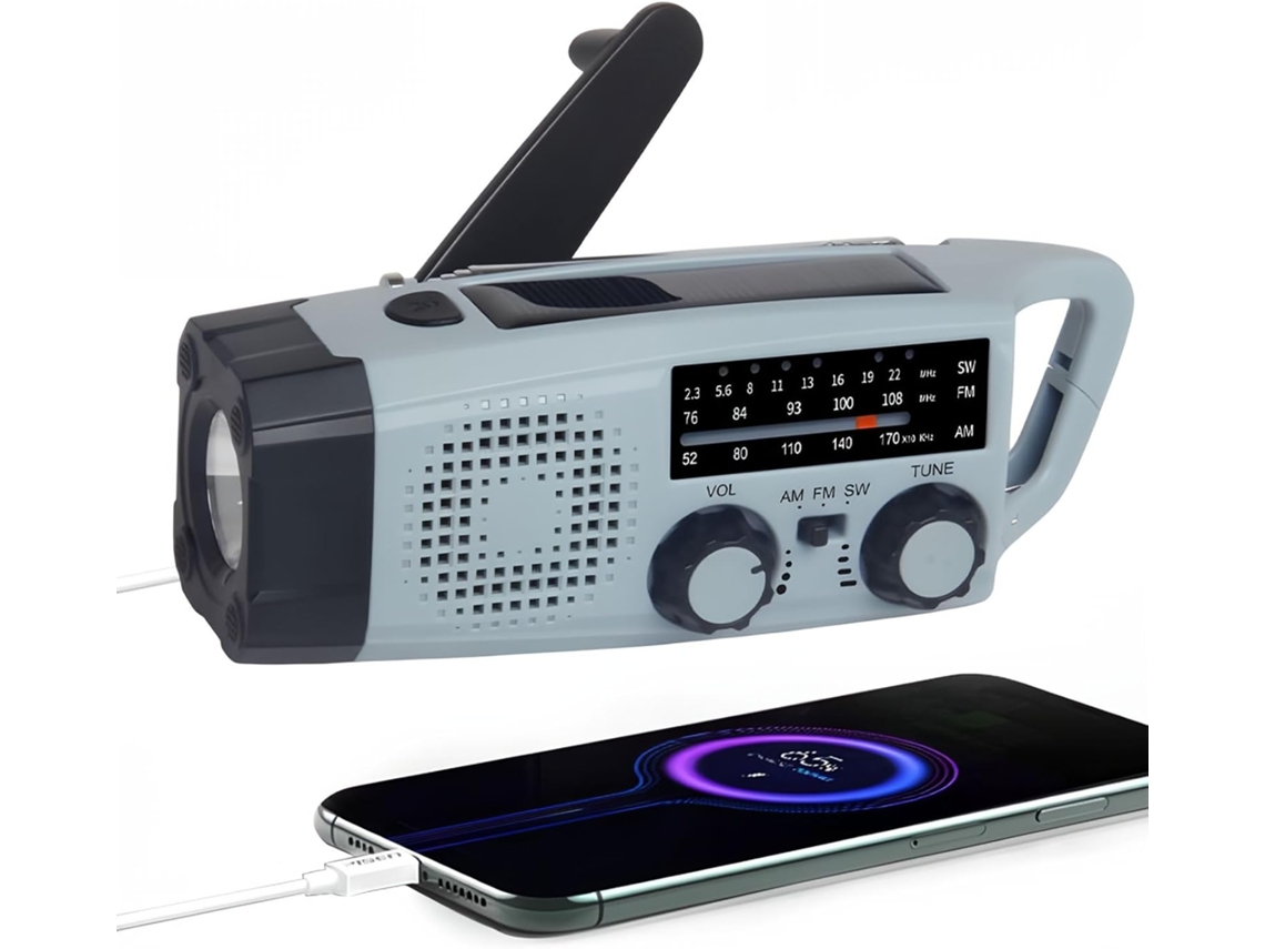 Rádio Solar com Carregamento Manual, Bateria Externa 2000mah, AM/FM/WB, Lanterna, Alarme SOS AQUAFORGE