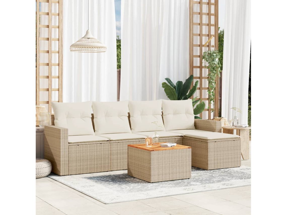 Vidaxl 6 Pcs Conjunto De Sofás P/ Jardim Com Almofadões Vime Pe Bege