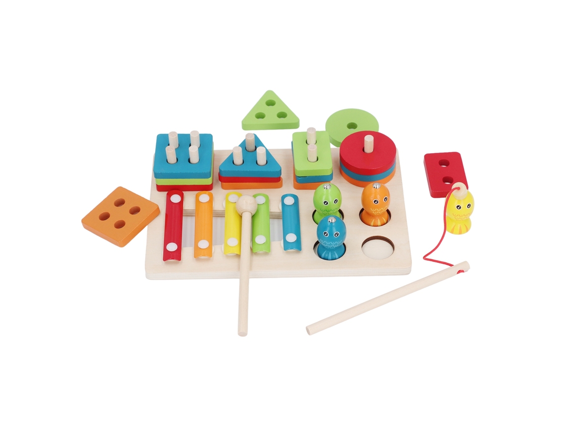 Brinquedo Montessori 3 em 1: Pesca Magnética Xilofone Empilhamento