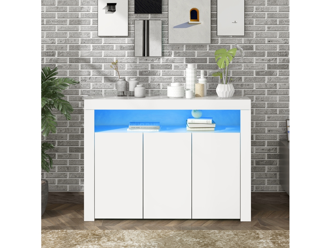 Aparador Led Com 3 Portas Vitrina Moderna Com Comando Remoto Branco Mobrio