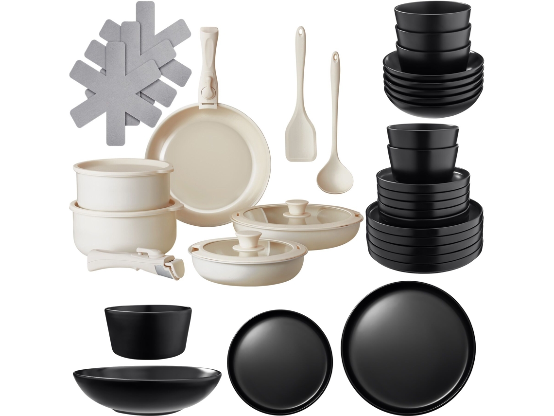 Conjunto Básico de Cozinha Tectake com Louça e Panelas em Preto e Branco
