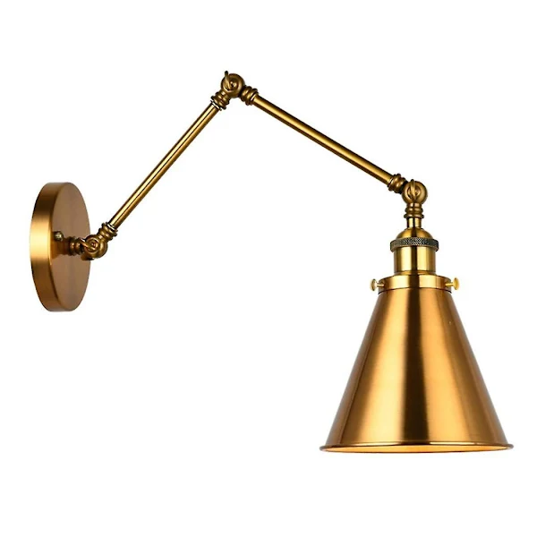 Luminária de parede industrial BRILVIBERA em formato cônico de latão com suporte ajustável para bares internos e externos.