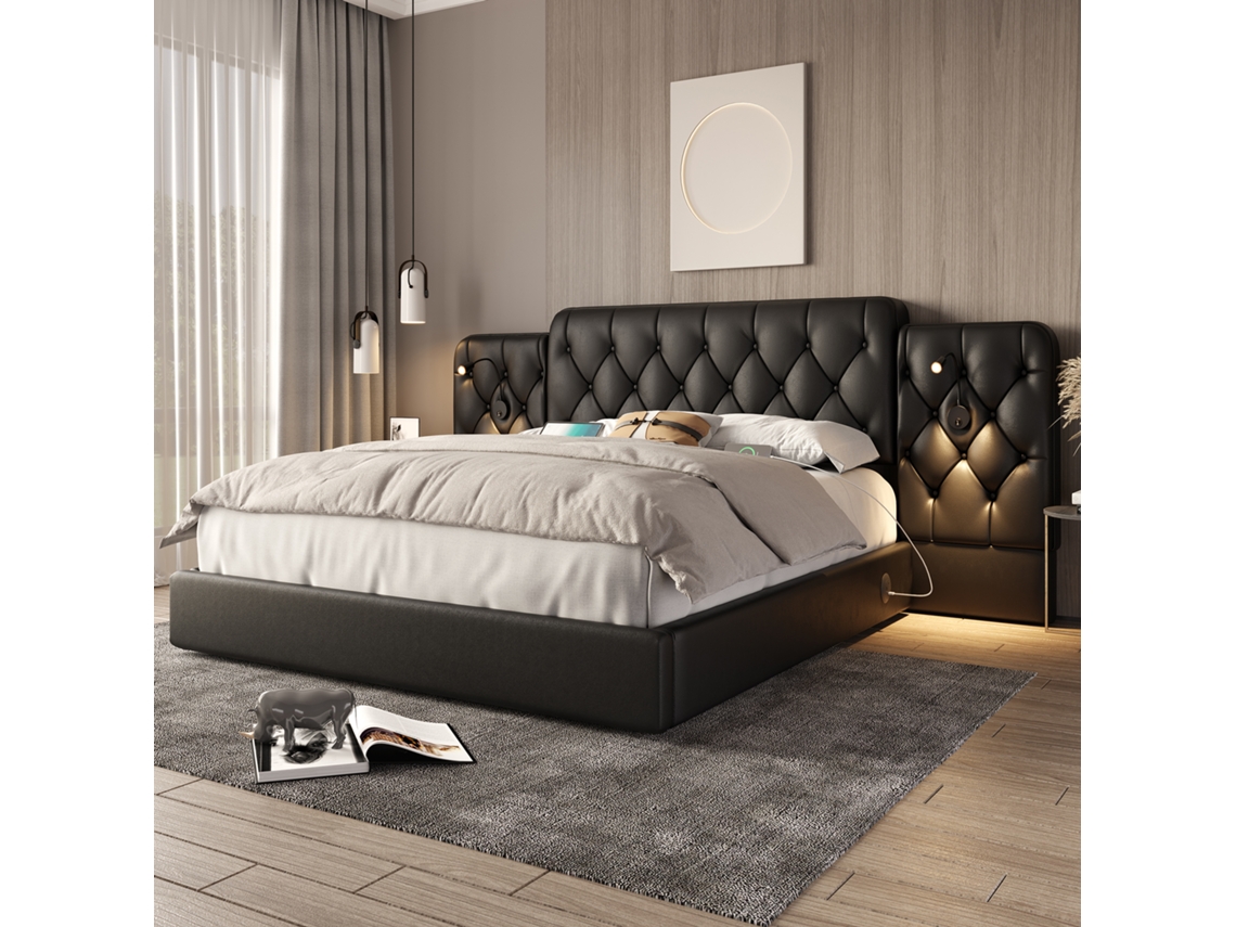 Cama Veludo Preta 160x200 Com Baú Led Usb E Elevação