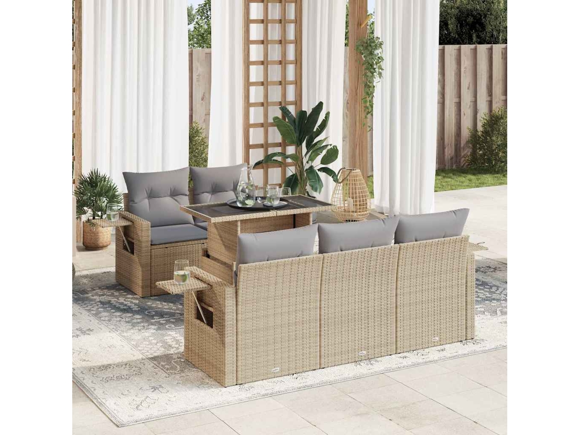 Vidaxl 6 Pcs Conjunto De Sofás P/ Jardim Com Almofadões Vime Pe Bege