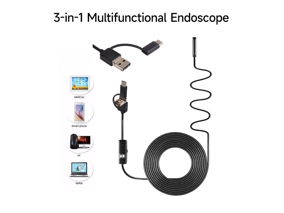 Endoscópio Telemóvel 3 em 1, Compatível com Múltiplas Interfaces, para Uso Doméstico e Portátil