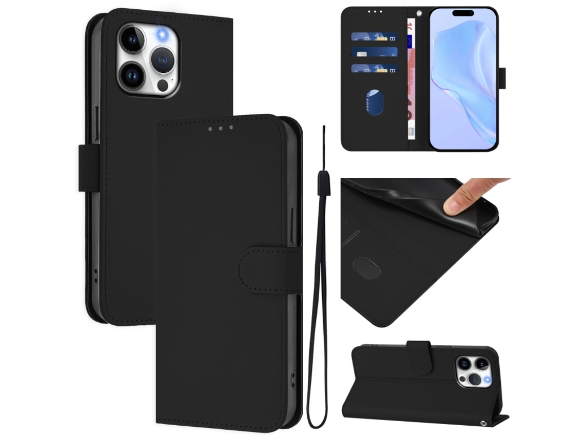 Capa De Couro Sintético Para Iphone 16 Pro Max - Toque Suave - Cor Sólida - Com Cordão