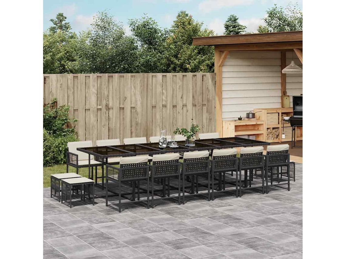 Vidaxl 17 Pcs Conjunto De Jantar P/ Jardim C/ Almofadões Vime Pe Preto
