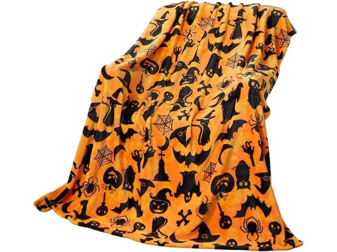 Manta Preta de Halloween Syjym 1 com Estampa Morcego Abóbora Fantasma e Caveira Ideia Presente para Decorar
