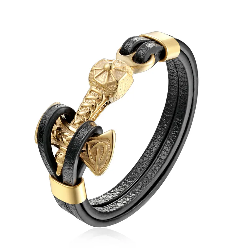 Pulseira Masculina em Couro Genuíno com Pingente de Âncora e Fecho em Aço Inoxidável. MDUG