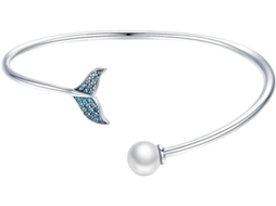 Pulseira Aberta Elegante E Durável Em Prata Com Pingente De Concha Em Formato De Cauda De Sereia.