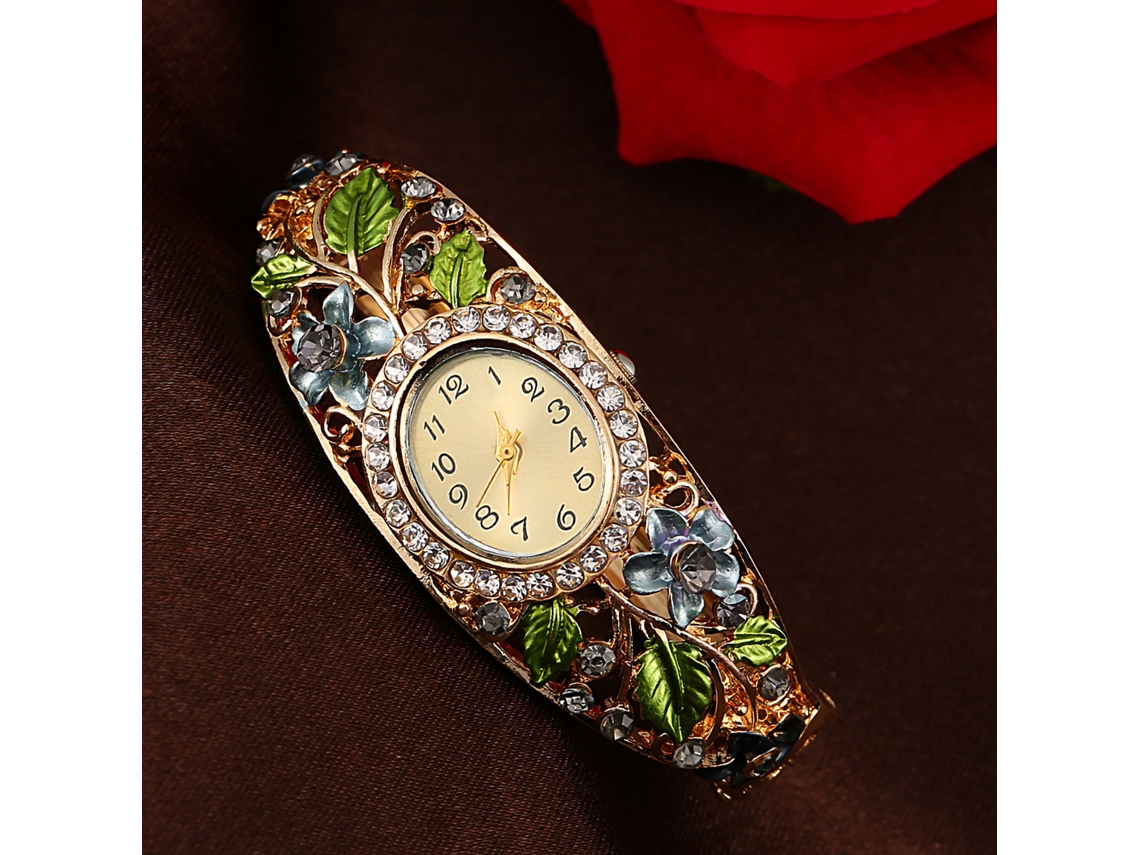 Relógio Analógico Feminino de Quartzo com Strass Flor e Folha Decoração (cinza)