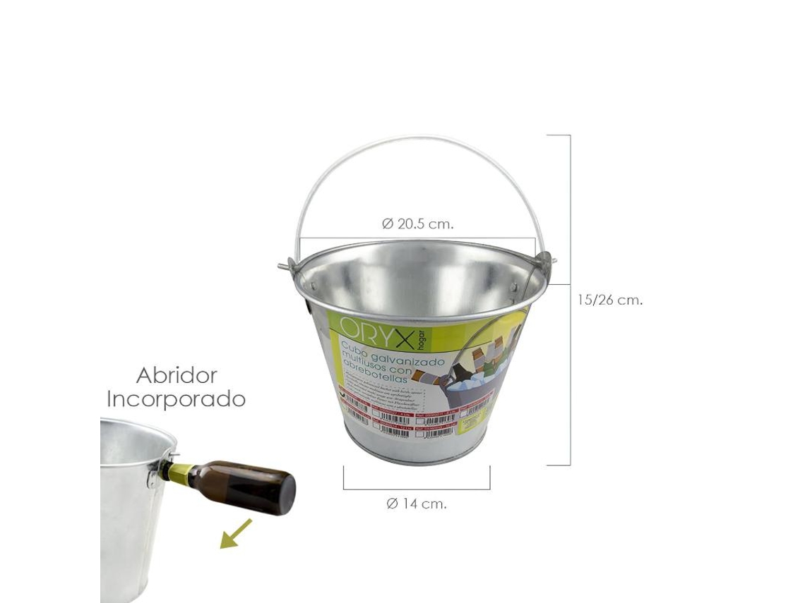 Balde Multiuso Zinco Metal Galvanizado 2 Litros 20.5 X 14 X 15 (Alt.) cm Com Abridor de Garrafas ORYX