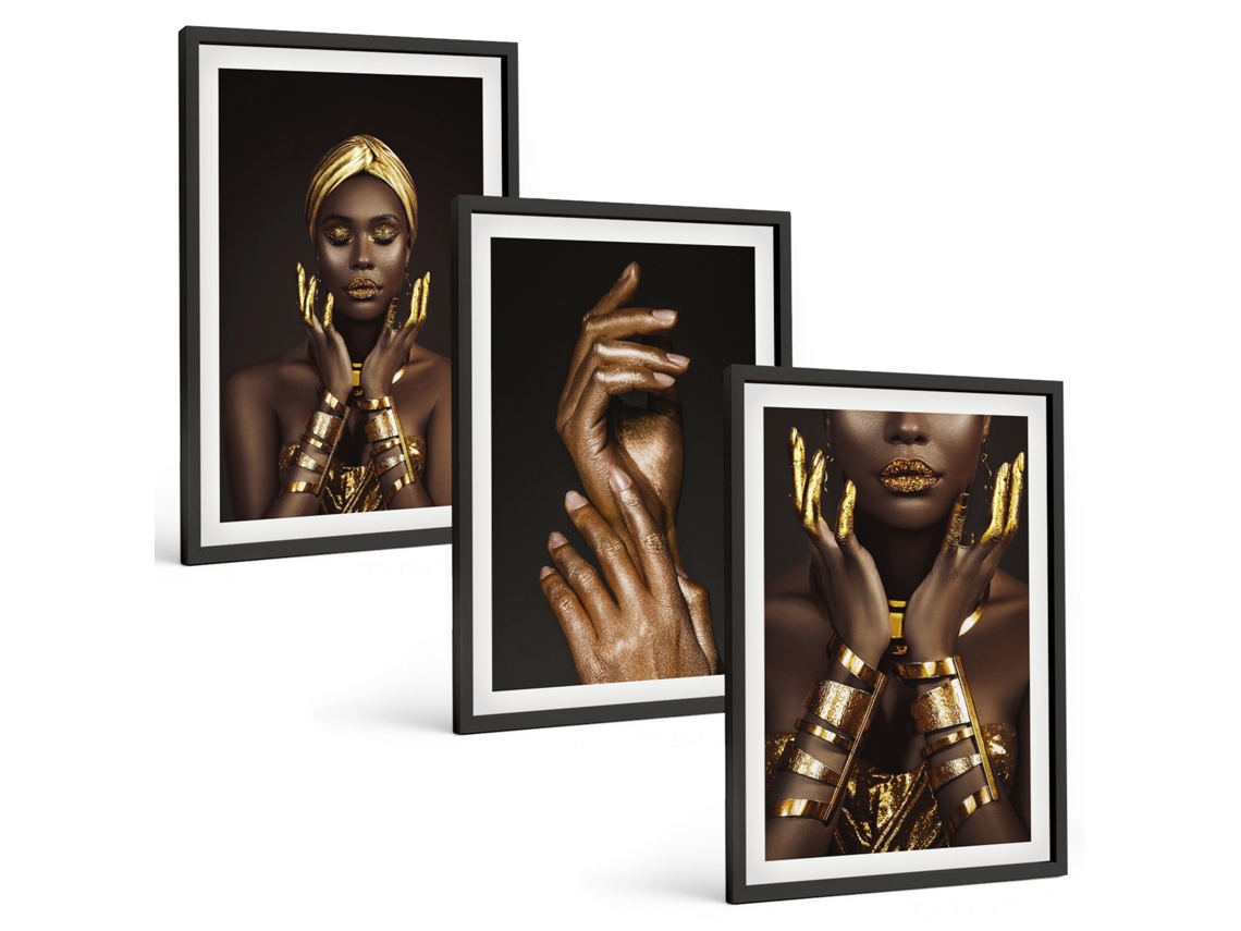 Composição De Quadros Na Parede Retratos De Mulheres Africanas Moldura Preta Imagens Para Um Quarto Infantil Espelharte (3 Piezas De 40x60 Cm)