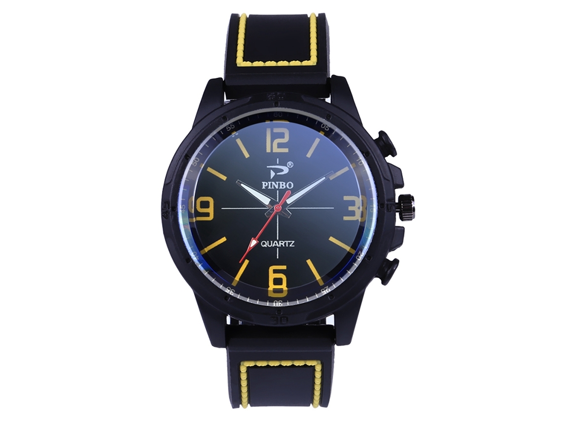 Relógio de pulso masculino com pulseira de silicone, mostrador redondo, quartzo esportivo amarelo
