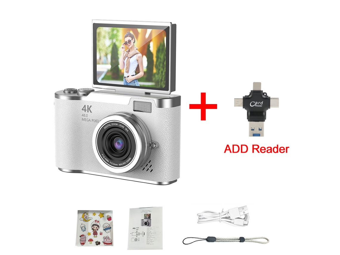 Câmera Digital 4K 48MP MDUG Infantil com Foco Automático e Tela de 2,4 Polegadas (Giratória em 180° com Leitor de Cartão 8GB)