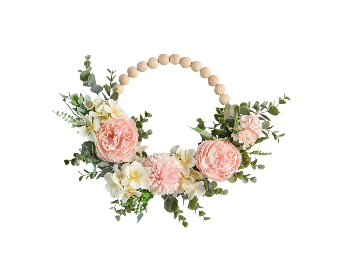 Guirlanda Decorativa com Flores de Peónia Rosa e Beads de Madeira LAXISCREED