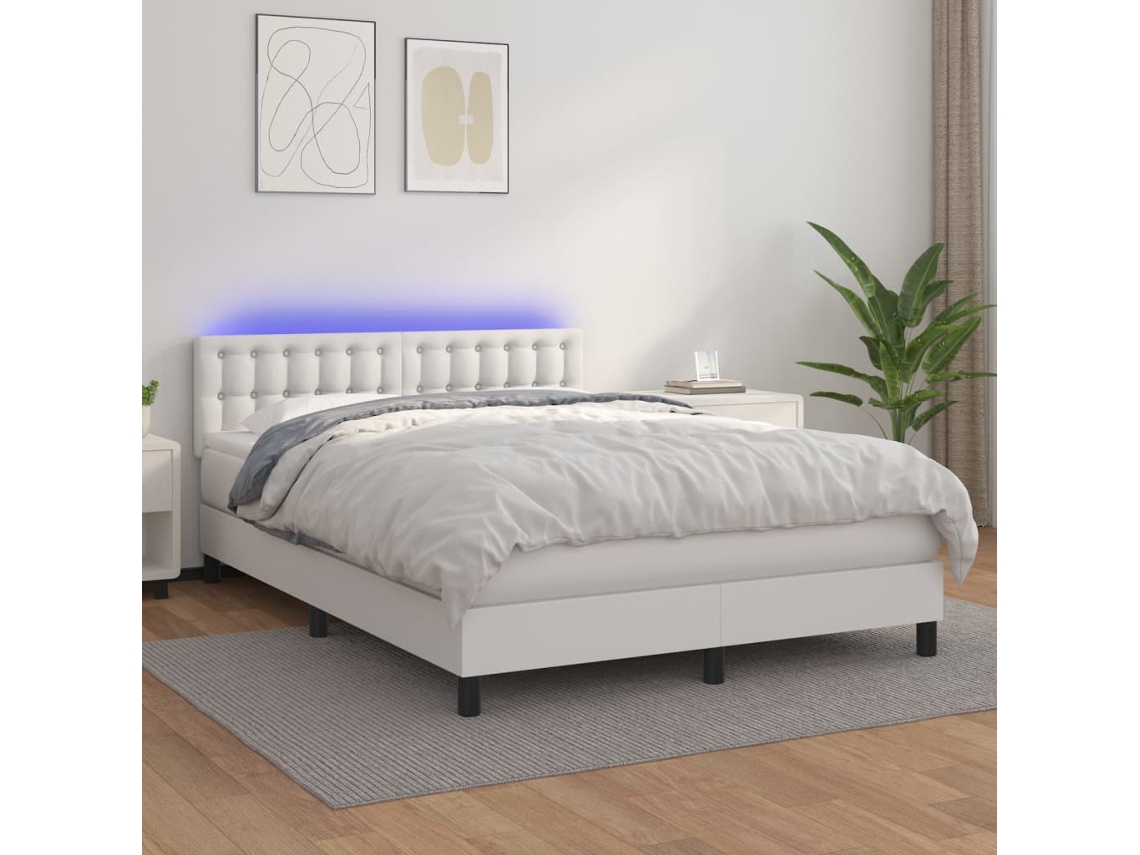 Cama Box Spring C/colchão/led 140x200cm Couro Artificial Branco