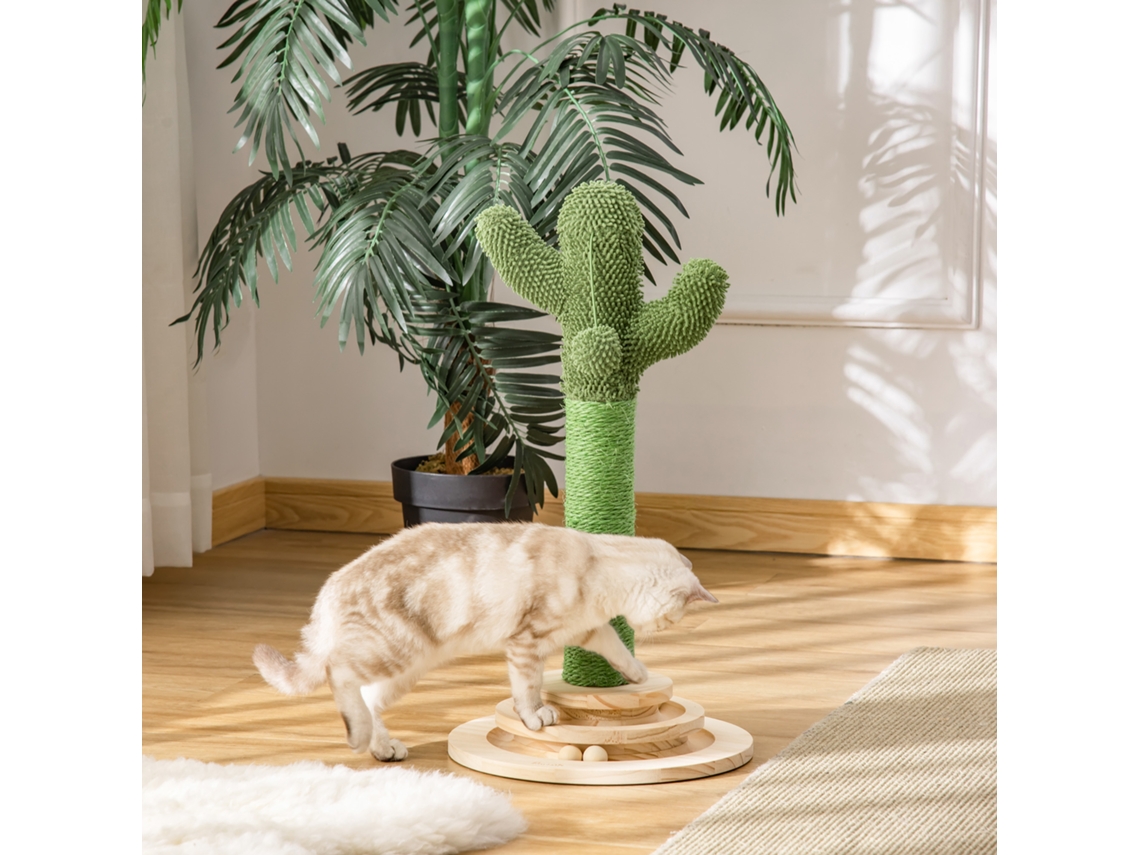 Cacto para Gatos Arranharem, 60 Cm de Altura, em Madeira com Pinheiro, Sisal e Bola, nas Cores Verde e Natural