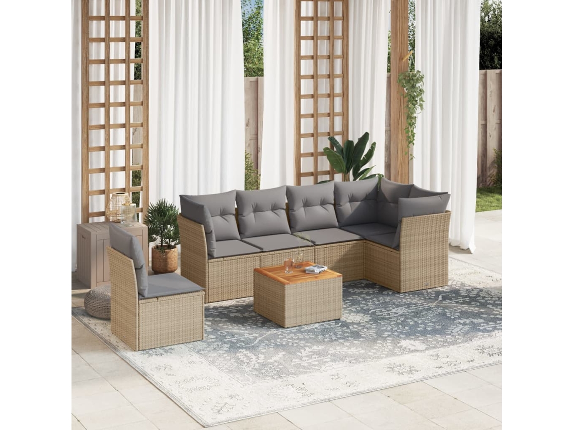 Conjunto de 7 Sofás para Jardim com Almofadas Vime Pe Bege Dkd Home Decor