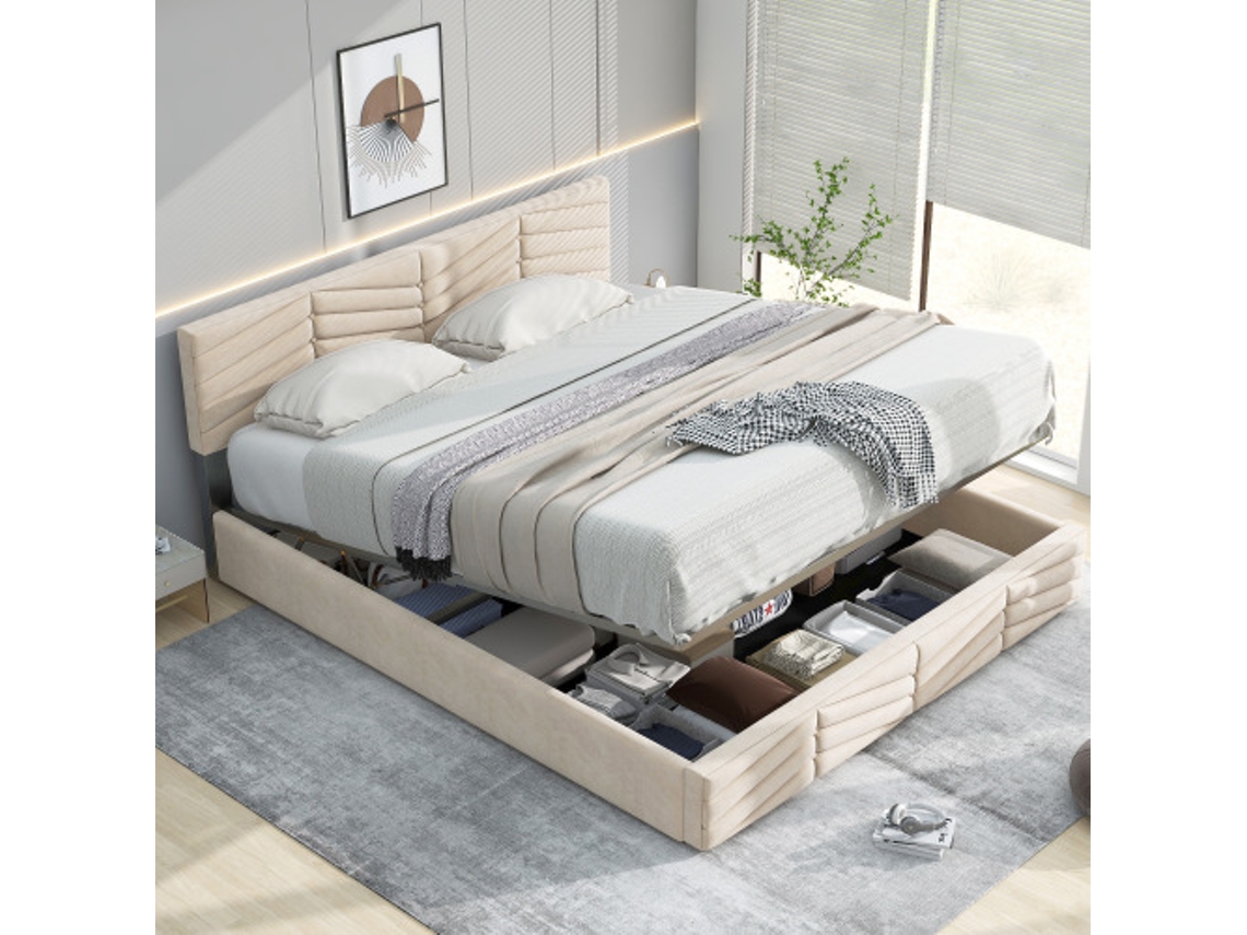 Cama Estofada 140190 Com Estrutura De Ripas E Cabeceira, Cama Estofada Com Cabeceira Ajustável Em Altura, Para Adultos E Adolescentes, Ripas De Made