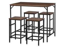 Conjunto De Mesa De Bar Industrial Com 4 Banquetas De Madeira Carvalho E Estrutura Em Metal Preto Para Decoração Moderna