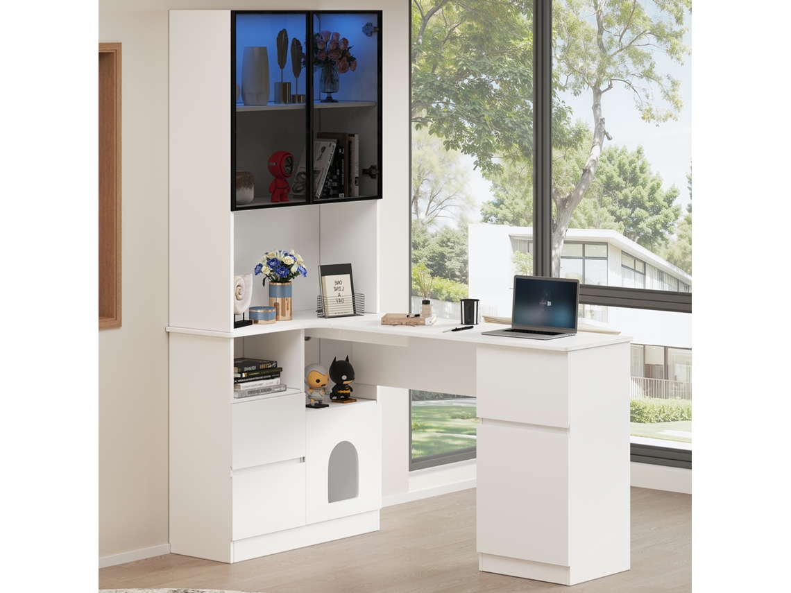 Mesa Canto Led 120x80x180cm, 3 Gavetas, 2 Portas, Com Pet Place E Organizer Cabos