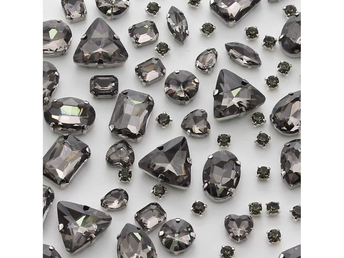 Conjunto de 100 peças de strass para costura em formatos variados, cristais de vidro com alfinete de metal prateado, cinza.