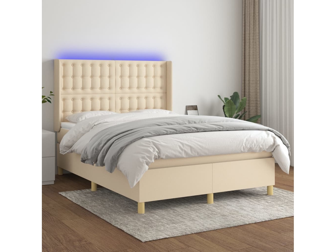 Cama Box Spring C/ Colchão E Led 140x190 Cm Tecido Cor Creme